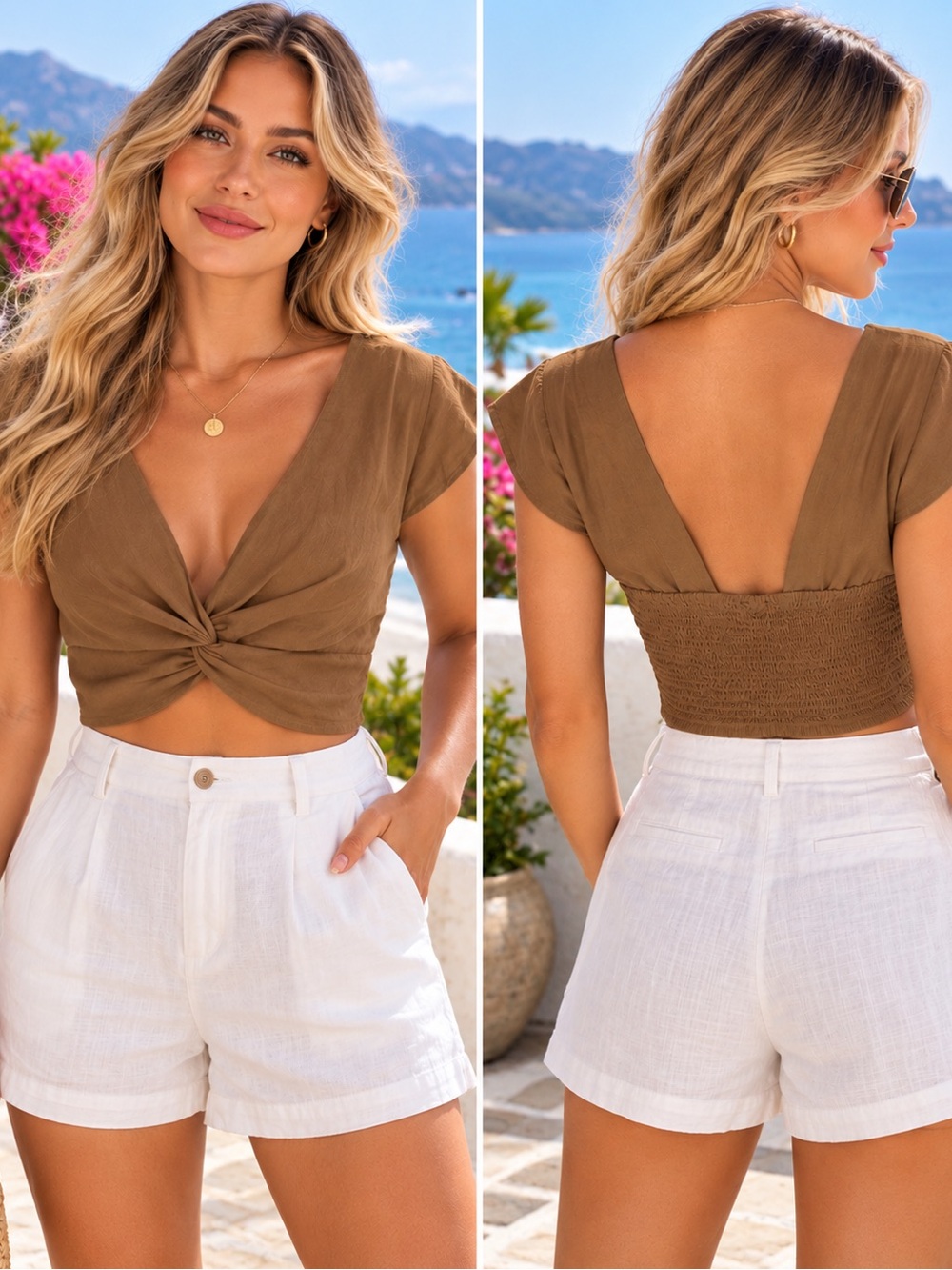 Knot-Front Crop Blouse in Brown